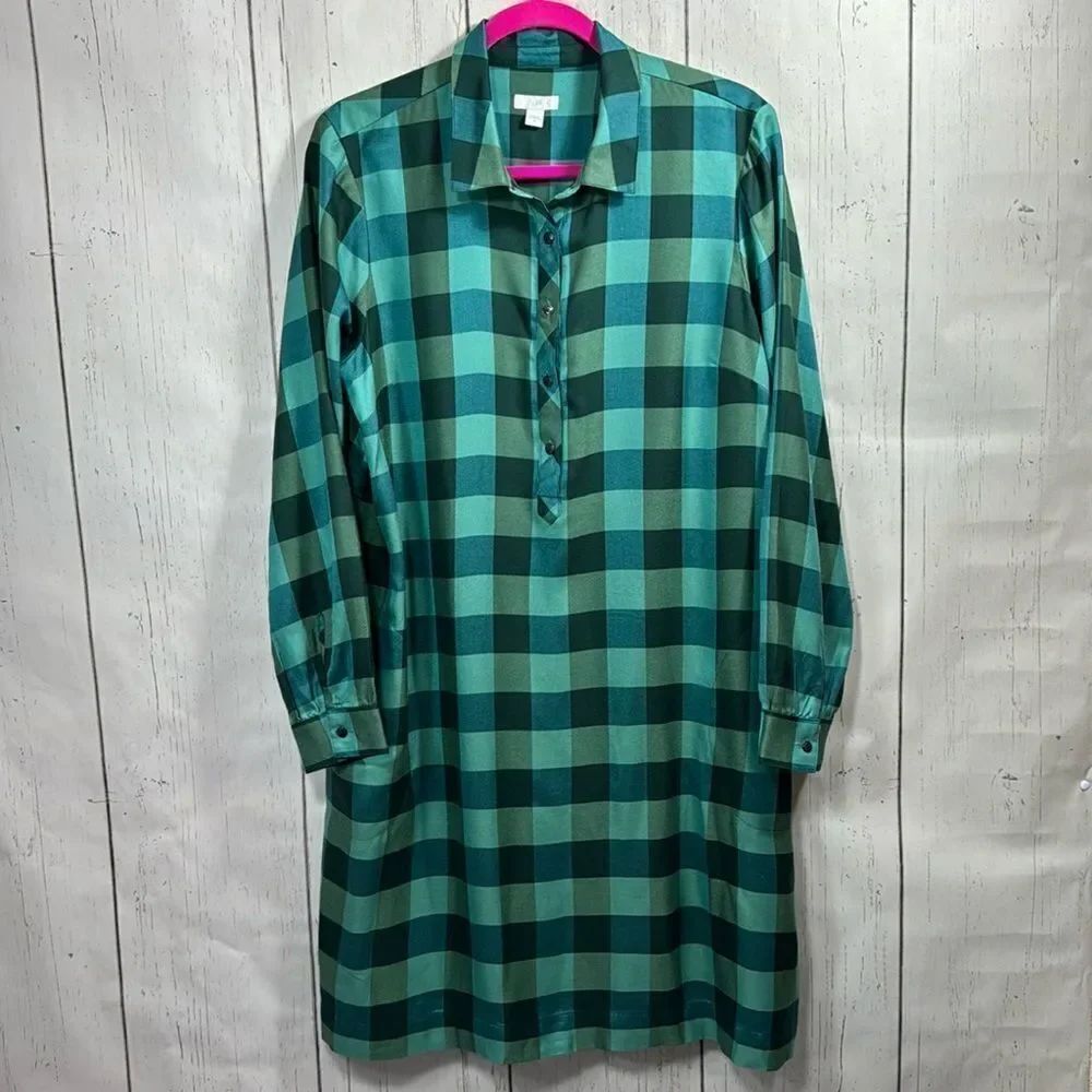 J. Jill Buffalo Plaid Shirtdress Green Check Long Sleeve Preppy Casual Grunge M